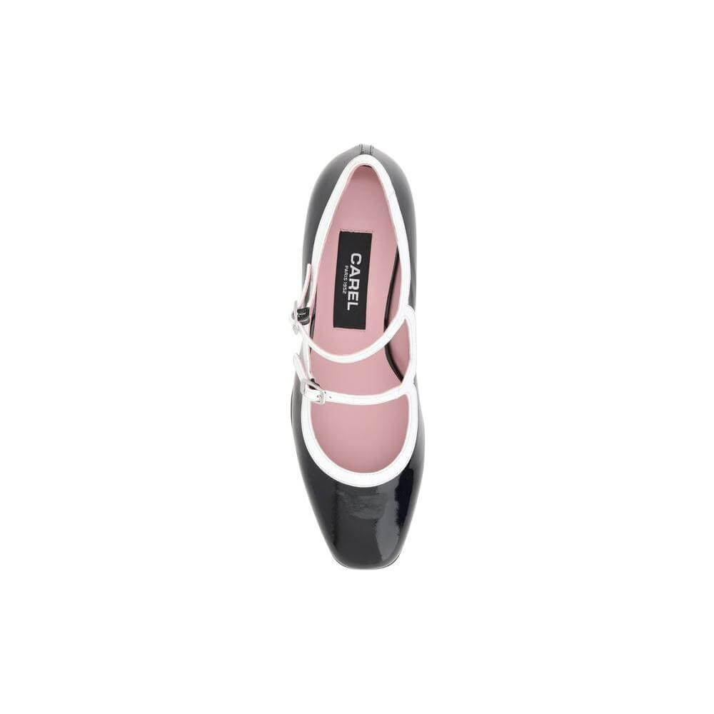 Top view of Carel Paris Kina Pumps in black patent leather with adjustable straps, almond toe, and contrasting piping.