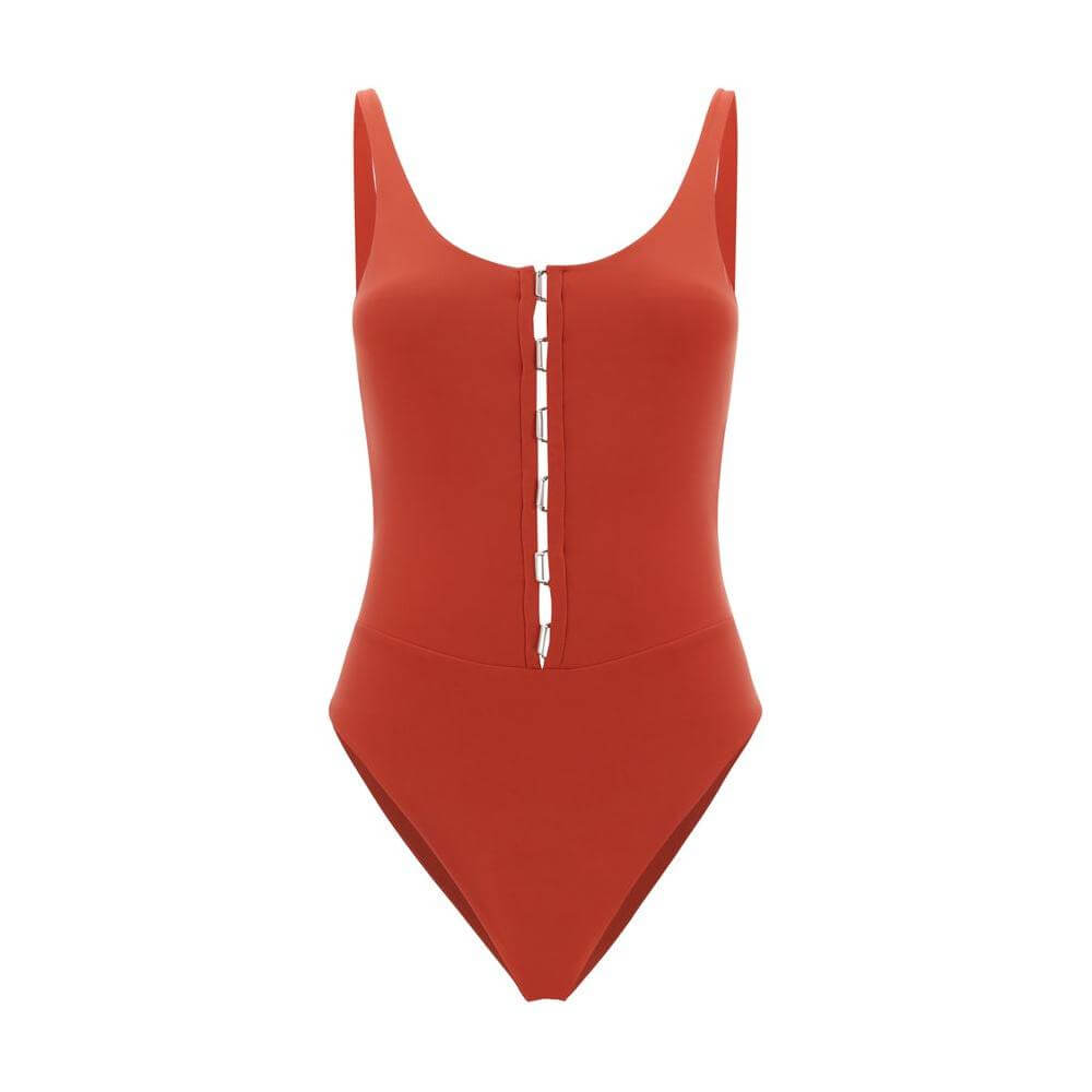 Exilia Nissi Swimsuit with wide back neckline and front cut-out detail with hooks in a stylish one-piece design.