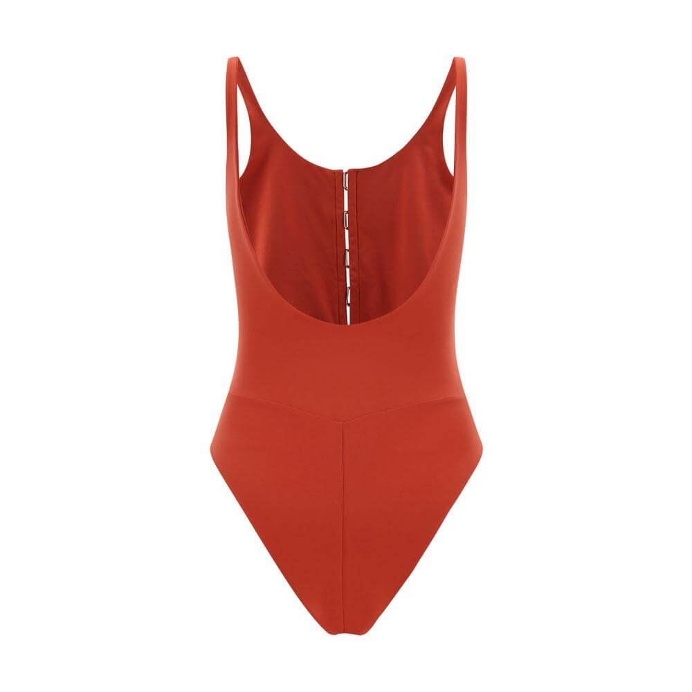 Exilia Nissi Swimsuit in orange, featuring a wide back neckline and front cut-out with hooks, one-piece design ideal for beachwear.