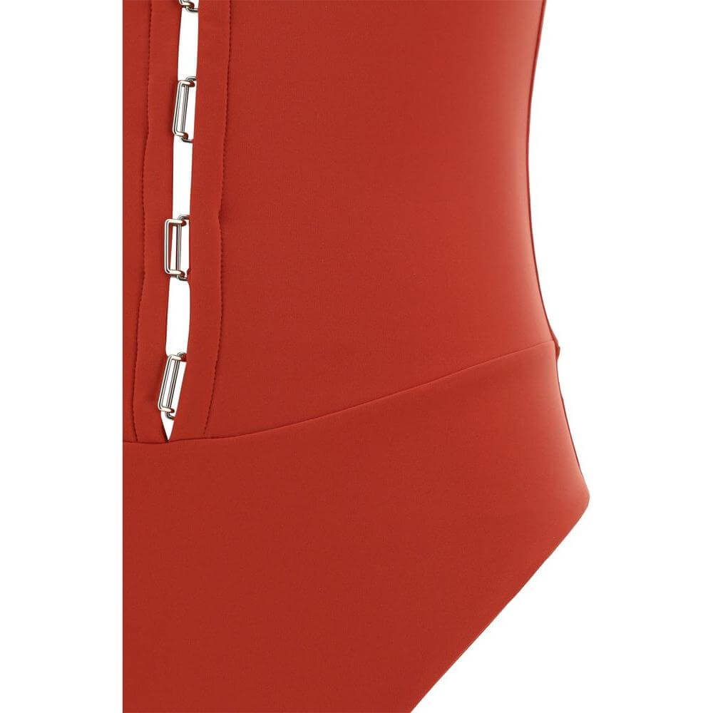 Exilia Nissi Swimsuit in red with side view, featuring front cut-out detail with hooks and a one-piece design.