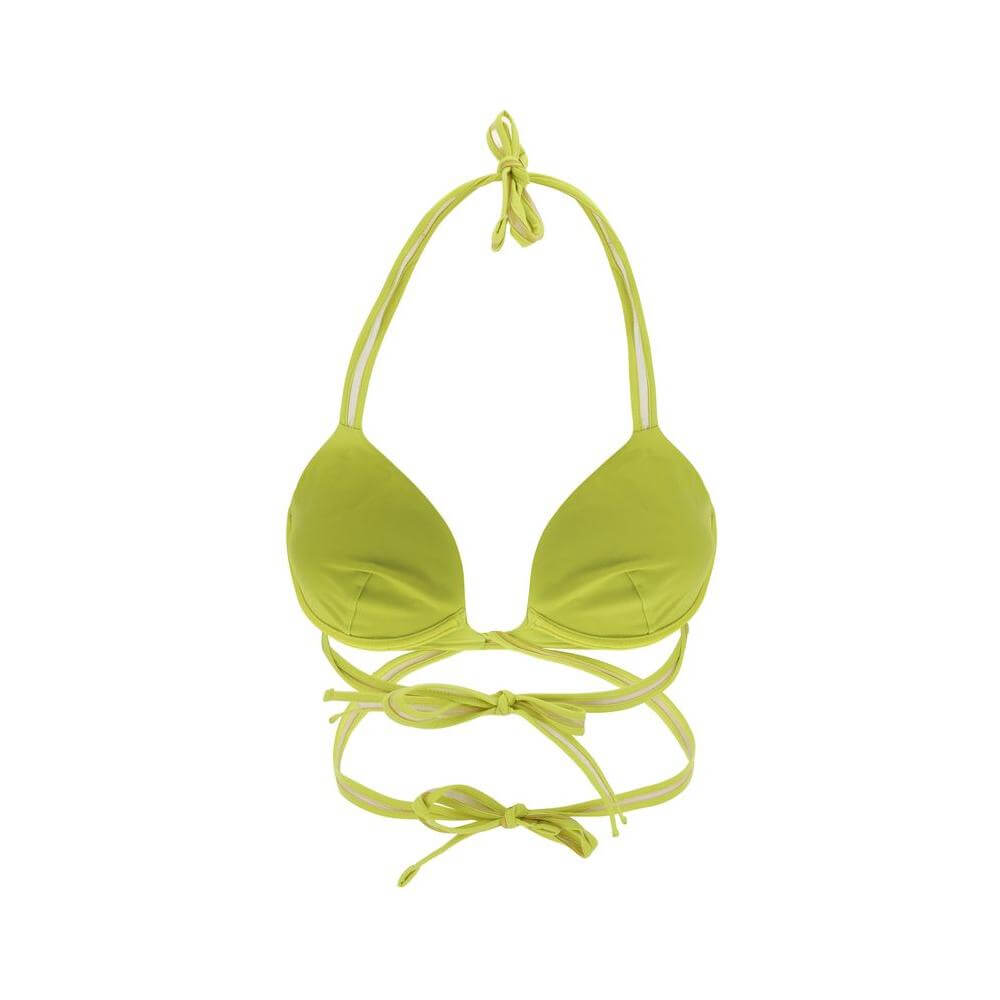Exilia Noosa Top in lime green, featuring a triangle design with double lace tie behind the neck and double braided lace at the back.