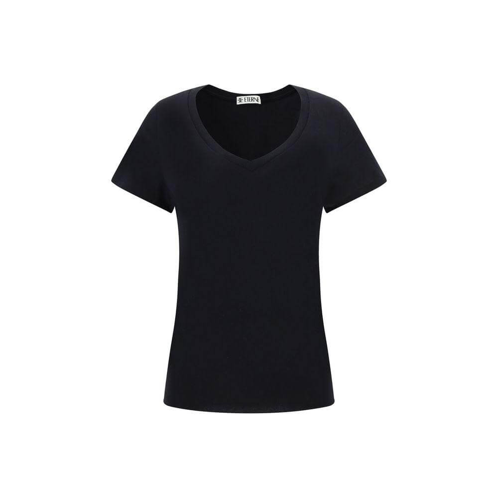 "Éterne cotton V-neck t-shirt with ribbed front, scooped hem, monochrome pattern, and regular fit."