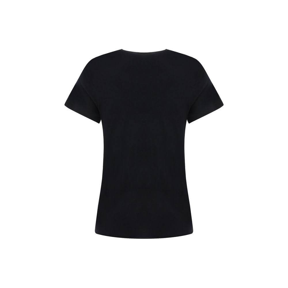 Back view of Éterne cotton T-shirt featuring a monochrome pattern, V-neck ribbed front, scooped hem, and regular fit.