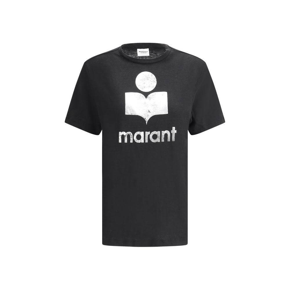 Black Marant Etoile Zewel Linen T-Shirt with white logo and ribbed crew neck, monochrome style, regular fit
