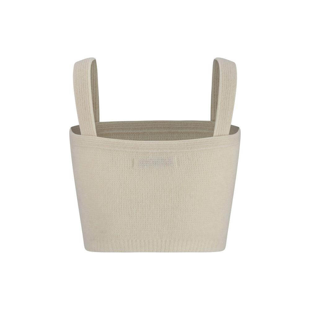 Cream Alessandra Rich Alpaca Wool Top with sleeveless design, ribbed hem, and geometric neckline, featuring welt patch pockets, monochrome pattern.