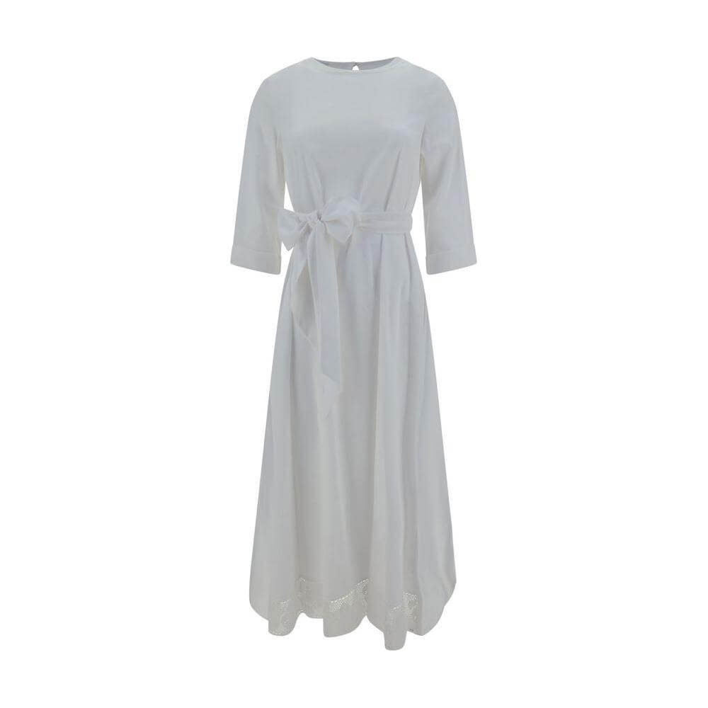 Ella Long Dress - Cotton long dress with boat neckline, smocked waist, bow sash, embroidered hem, and keyhole closure.