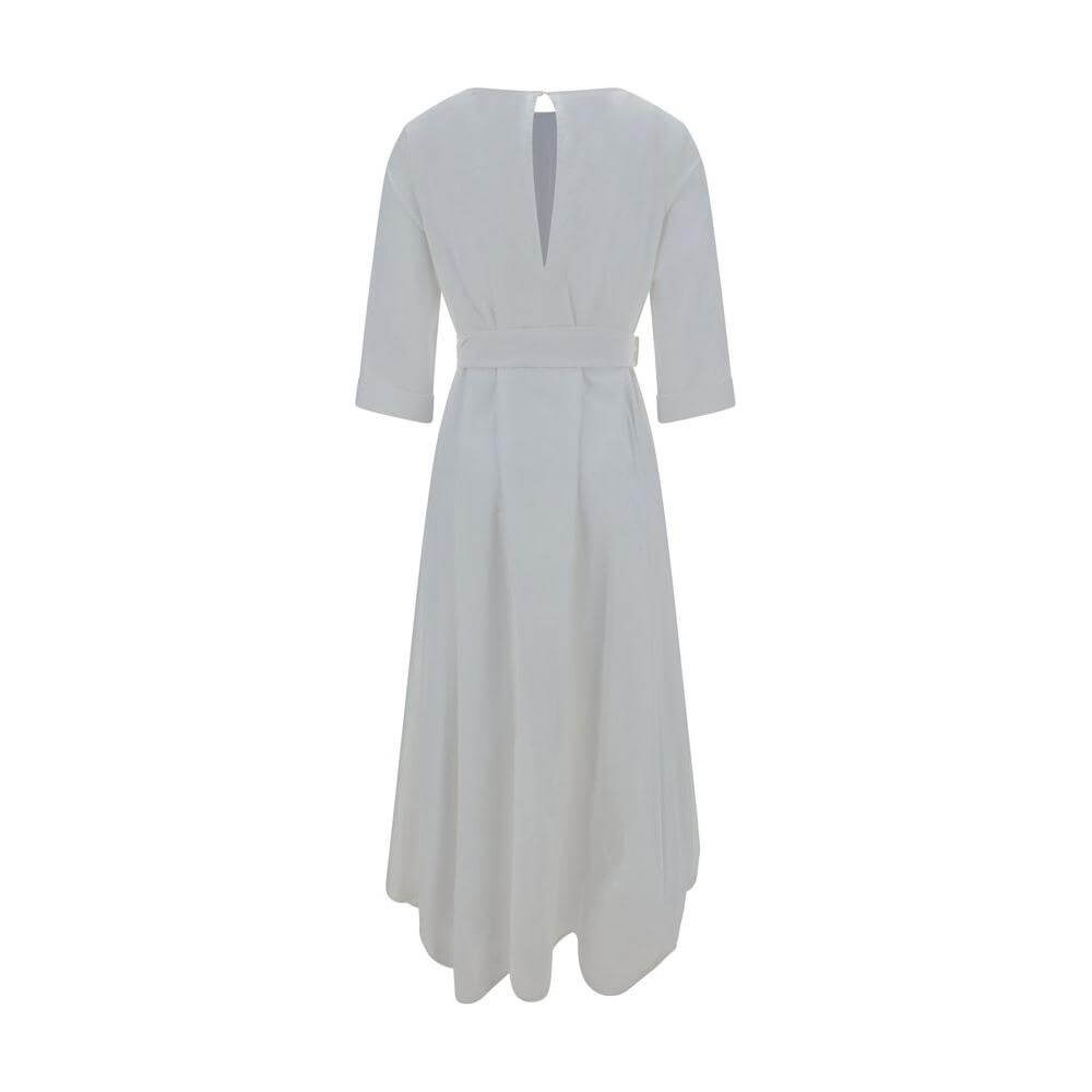 Ella Long Dress back view, featuring cotton fabric, boat neckline, three-quarter sleeves, smocked waist, bow tie, and embroidered hem.