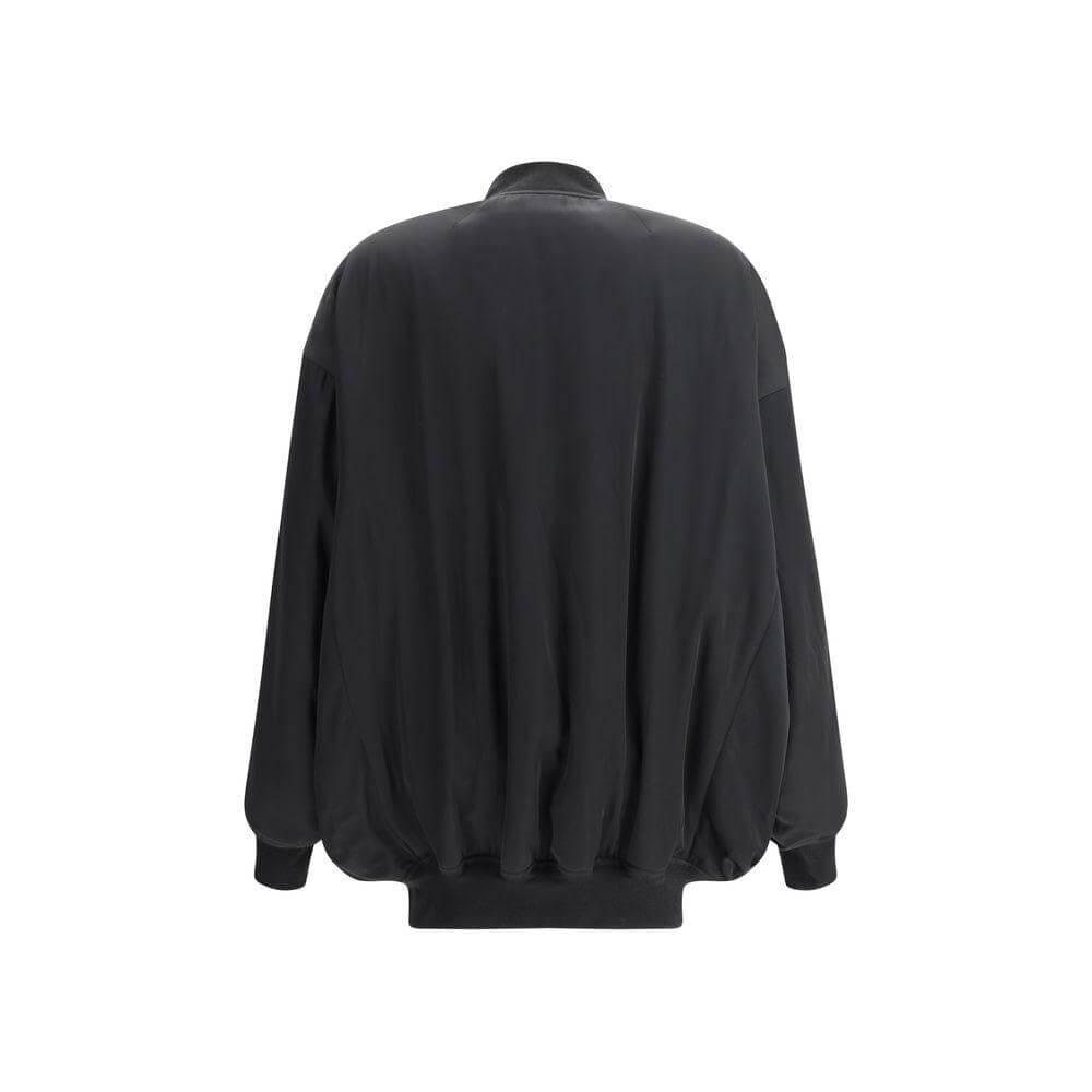 Back view of Rick Owens Bomber Jacket in black featuring ribbed cuffs and hem, showcasing its urban and sophisticated style.