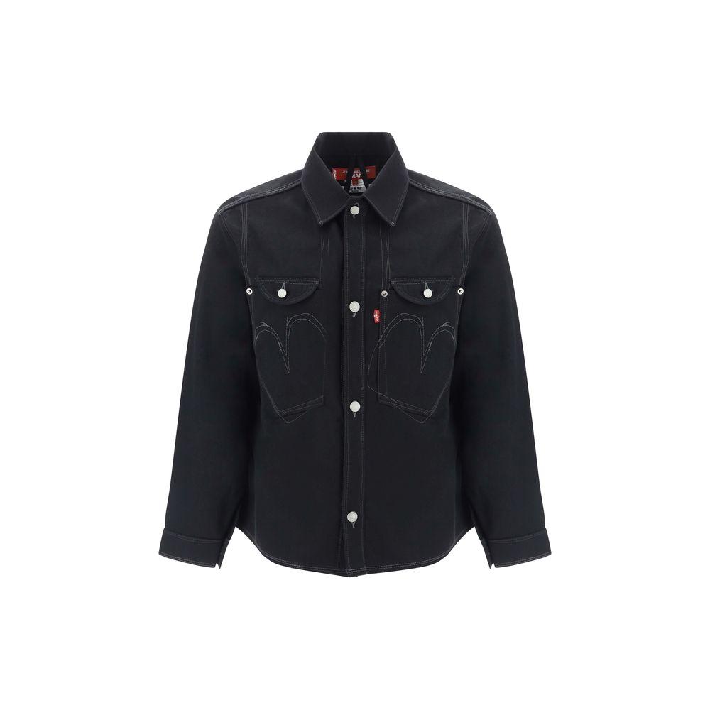 Junya Watanabe x Levis wool shirt with classic collar, button closure, welt pocket, and monochrome pattern in regular fit.