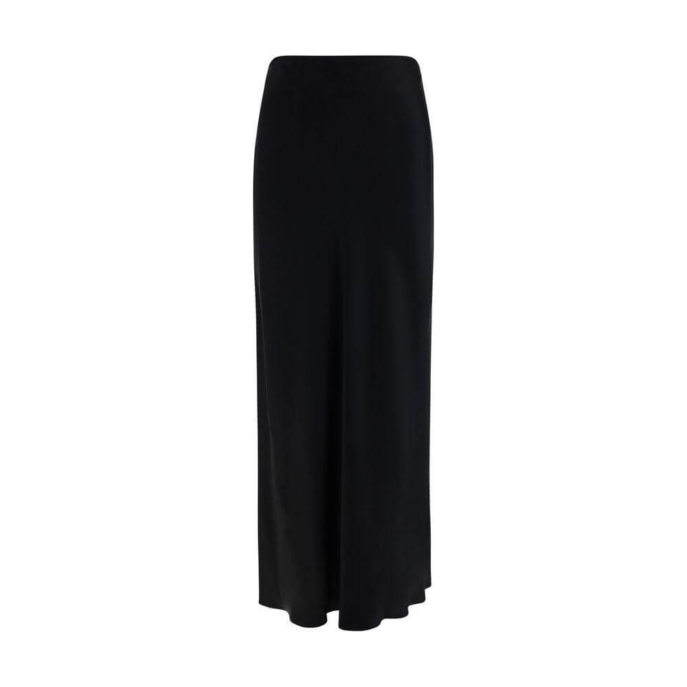 Ferragamo skirt with deep side slits in shiny satin, ankle-length, featuring a concealed side zipper closure.