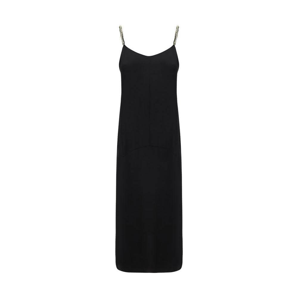 Lanvin summer dress with thin straps woven through gold chains, foot-length, soft neckline, and concealed side zipper.