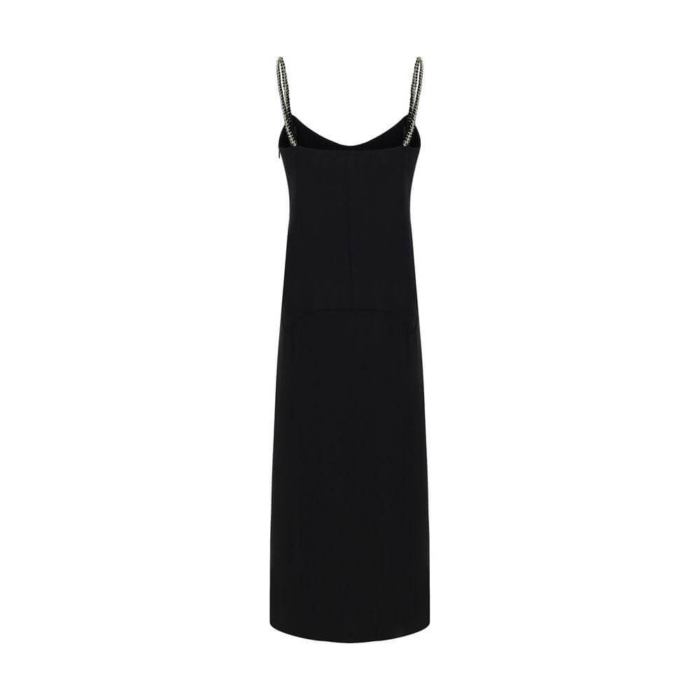 Lanvin summer dress with gold-plated chain straps, foot-length, soft neckline, sleek design, concealed side zipper closure.