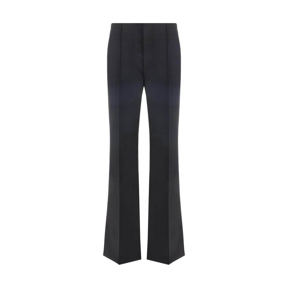 Chloé virgin wool pants with front hook-and-eye closure, asymmetrical hems, and monochrome pattern, featuring side and back pockets.