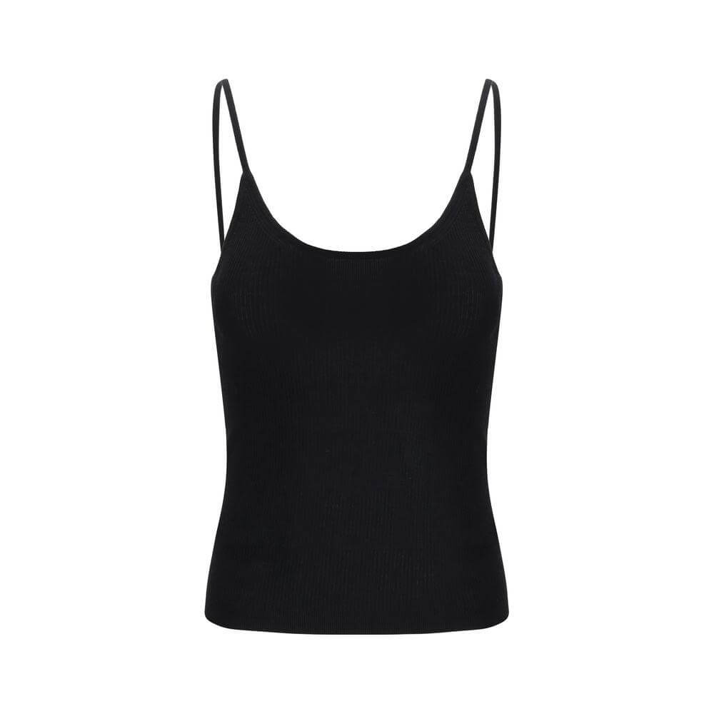 Chloé ribbed top with thin straps and logo plaque, featuring elegant monochrome wool design for a sophisticated modern look.