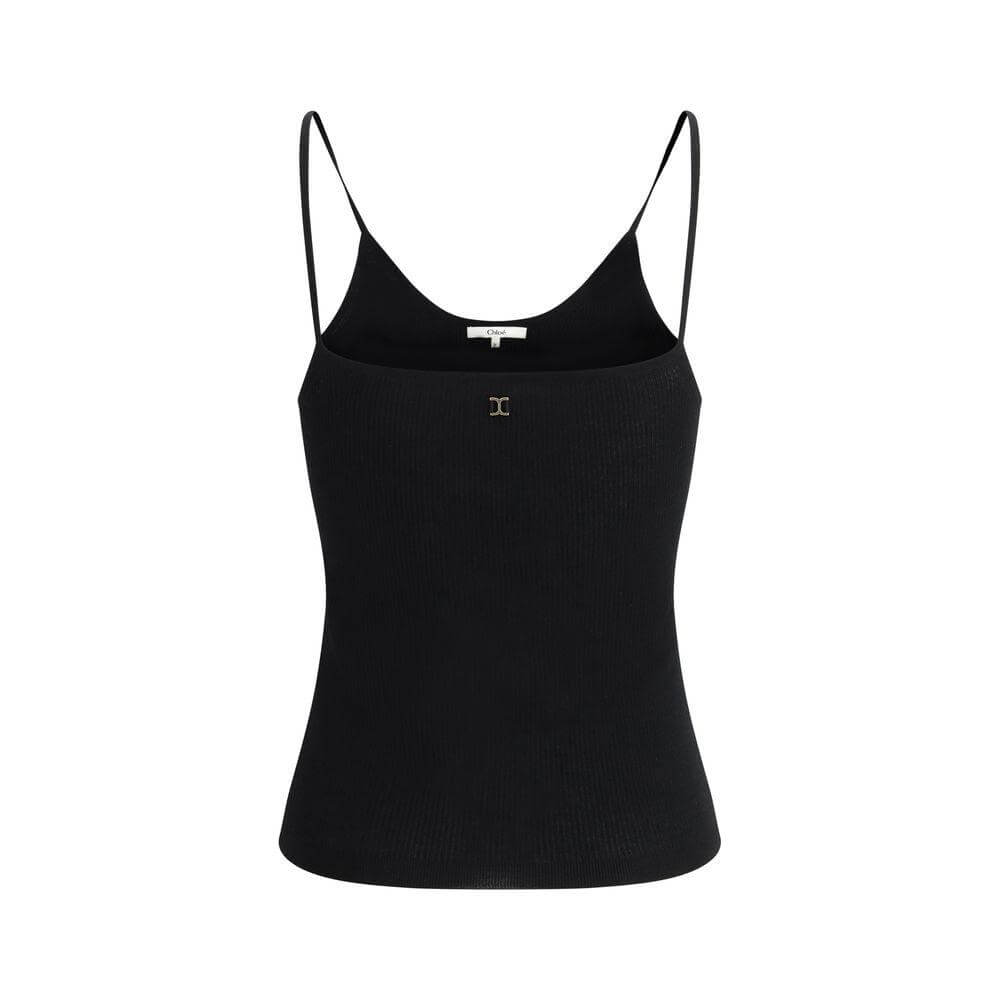 Chloé ribbed wool top with thin straps, featuring a three-dimensional logo plaque and monochrome pattern for a modern look