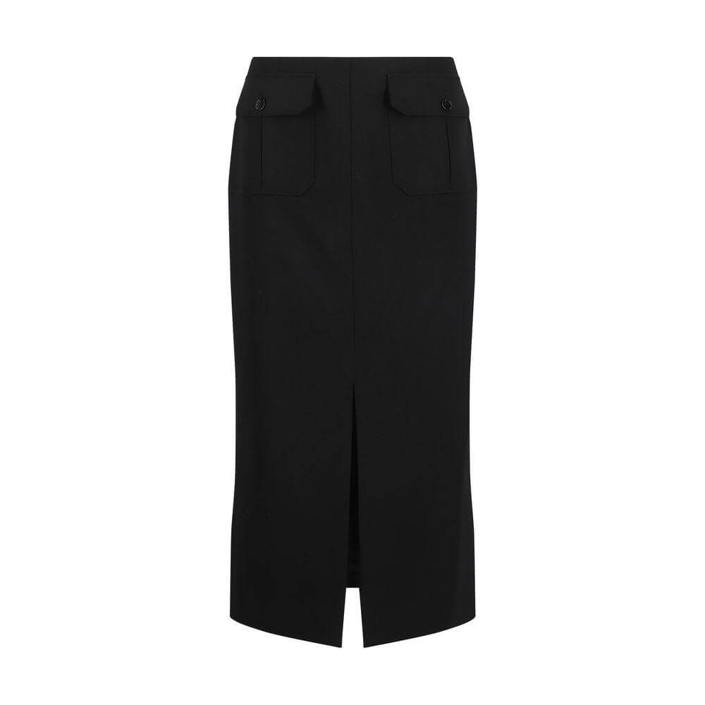 Chloé virgin wool midi skirt with front slit, two patch flap pockets, and back zipper closure, monochrome pattern, regular fit