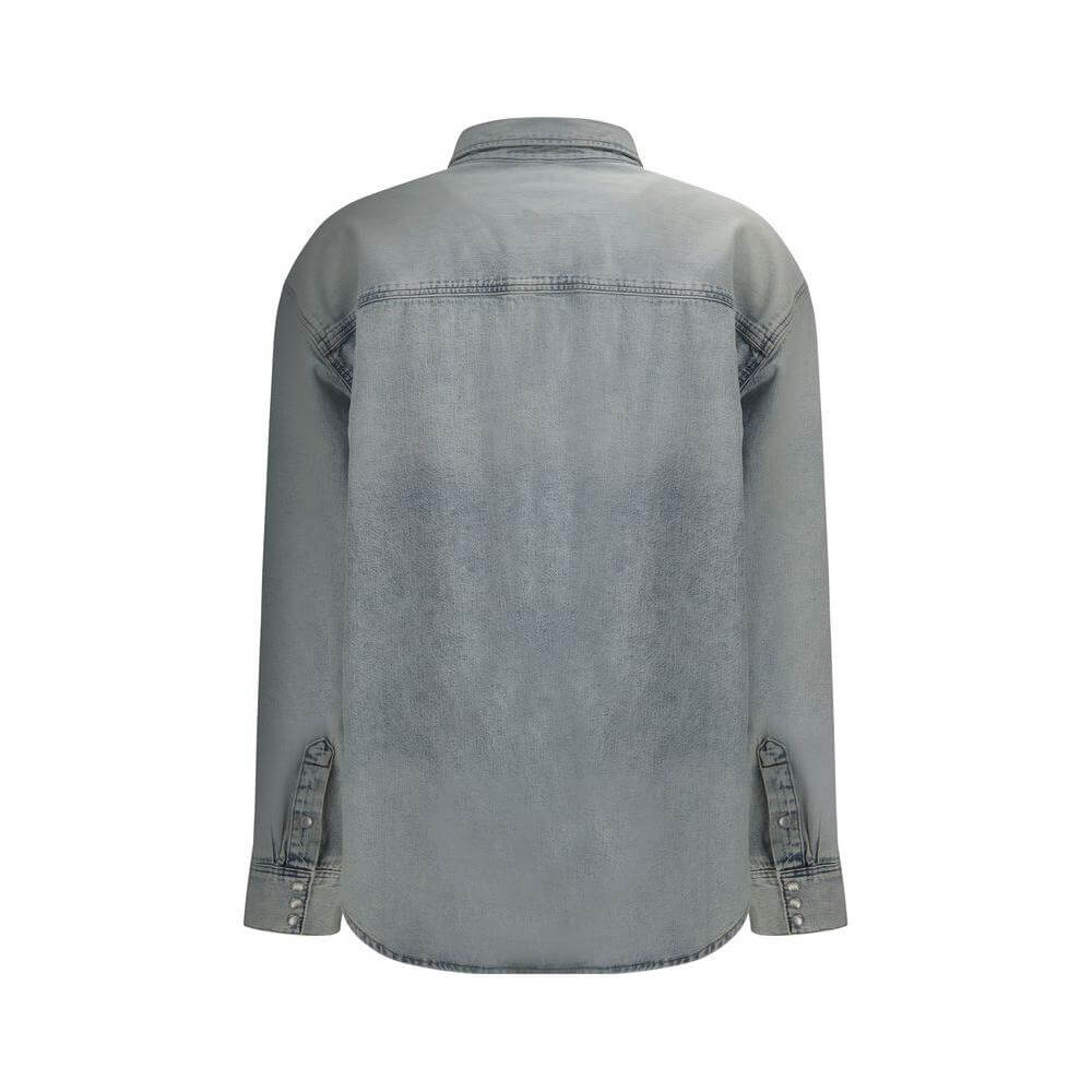 Back view of RE/DONE denim shirt with classic collar, visible snap-button closure, and adjustable cuffs for a stylish casual look.