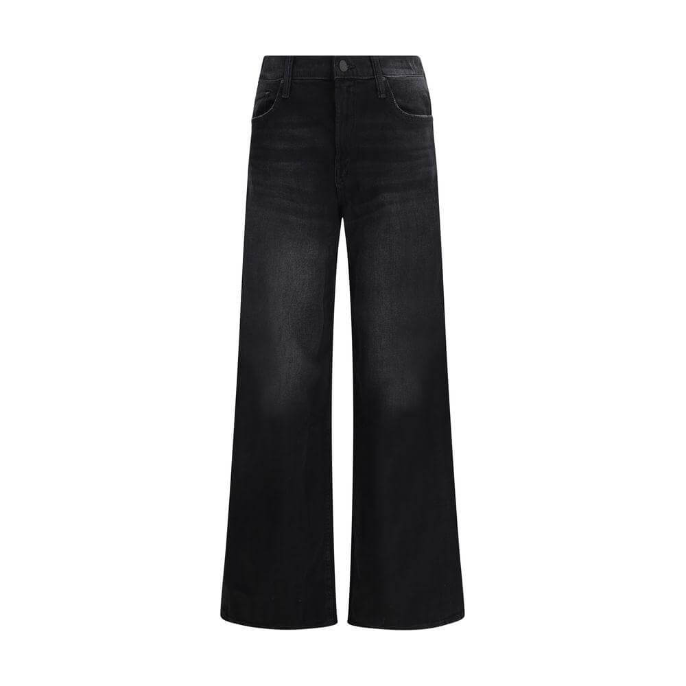 Mother Denim The Spinner Zip Sneak jeans in black, wide-leg cotton style with five pockets, button and zipper closure, adjustable waistband.