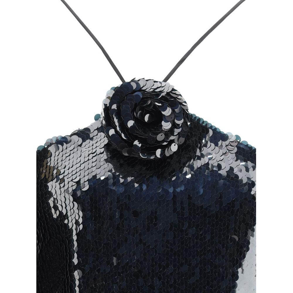 Magda Butrym sequin mini dress with 3D rose detail, sleeveless design, and American-style closure; elegant fashion statement.