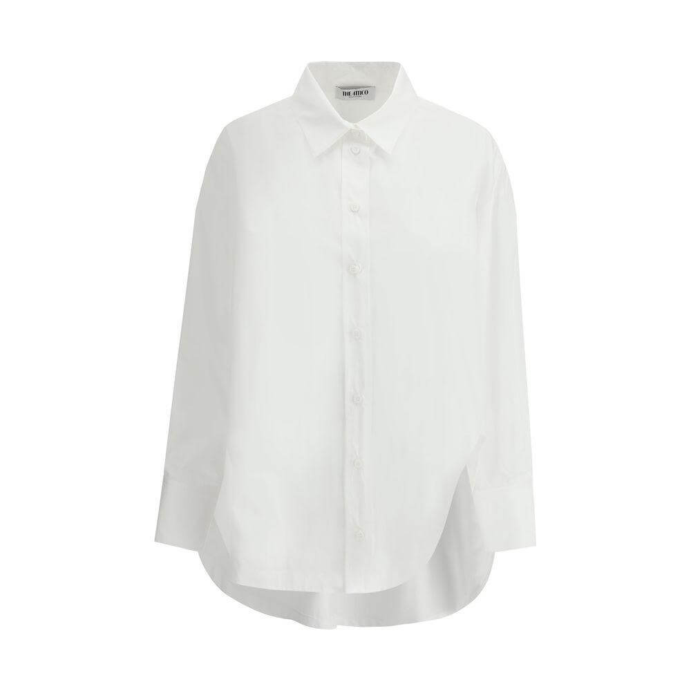 White oversized cotton shirt by The Attico with front button closure, asymmetrical slit, and tone-on-tone embroidered logo.