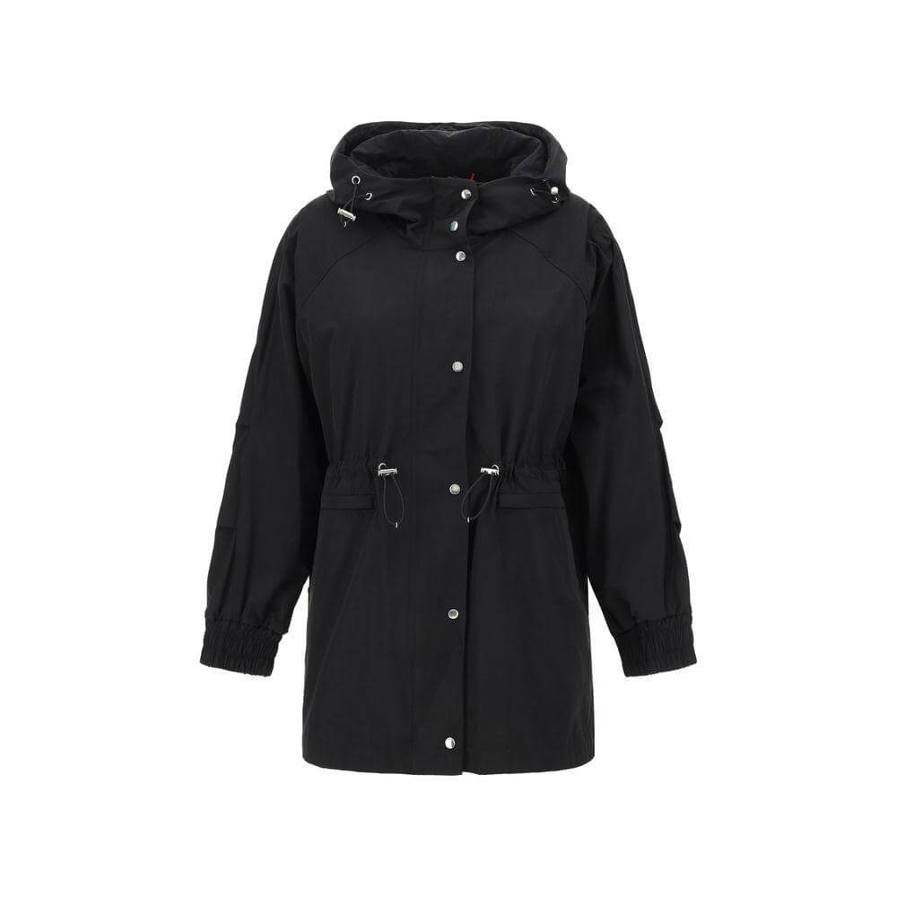 Black Paltò K-Way jacket with adjustable hood, elastic cuffs, front zipper, button closure, and drawstring waist.