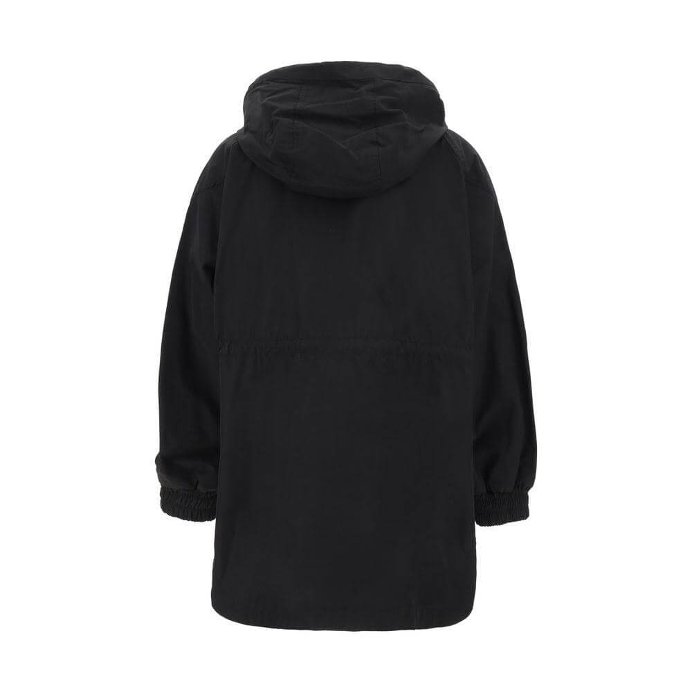 Back view of black Paltò K-Way jacket with hood, elastic cuffs, and drawstring-adjustable waist, showcasing its regular fit and monochrome design.
