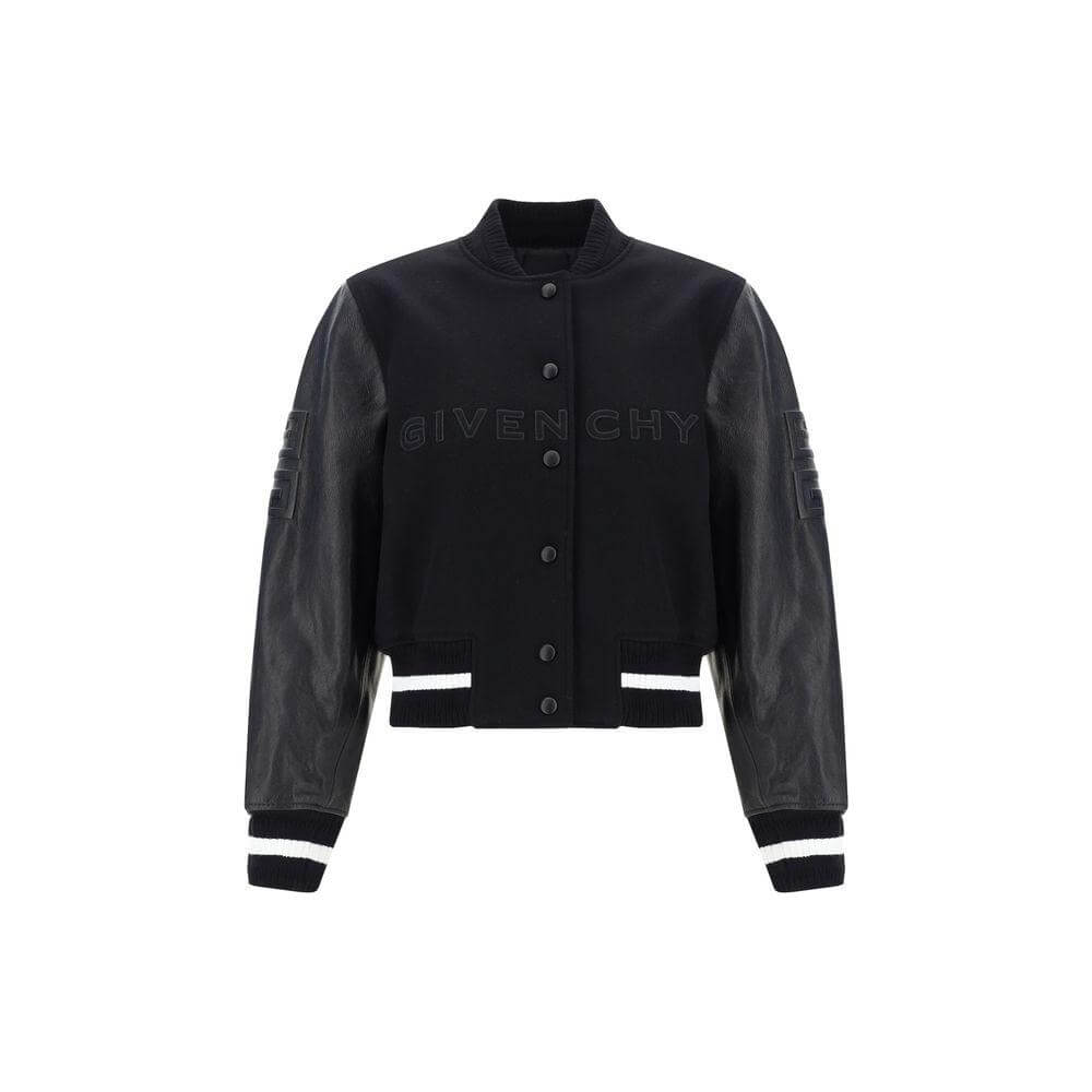 Givenchy College Jacket with leather sleeves, snap button closure, ribbed collar and cuffs, and embossed logo on the front.