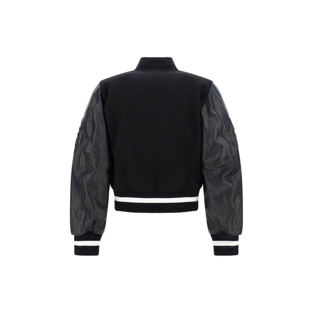 Back view of Givenchy College Jacket with wool body, leather sleeves, monogram on sleeves, ribbed collar, cuffs, and hem.