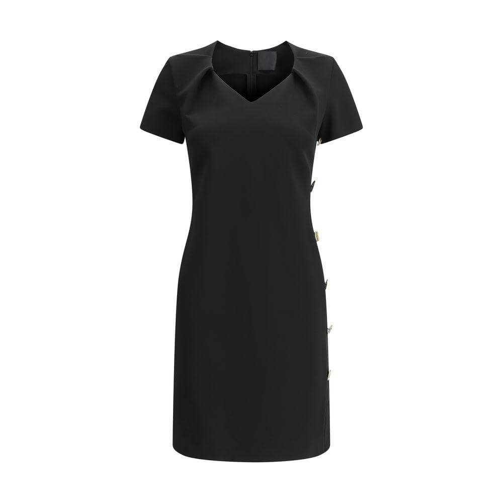 Givenchy black short-sleeved dress with side slit, zipper closure, and brand logo button detail on side. Monochrome pattern, V-shaped front.