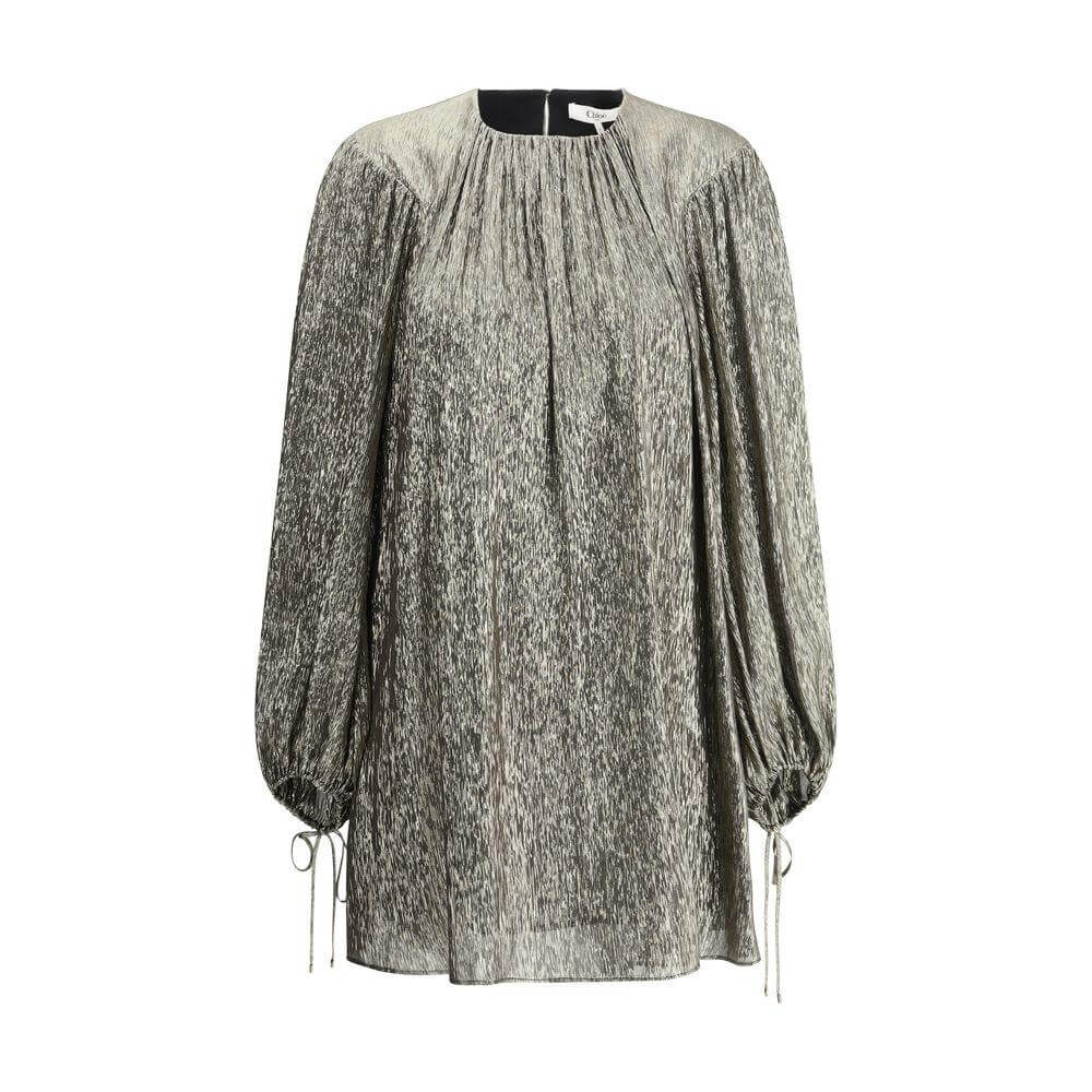 Chloé Silk lamé mini Dress with puff sleeves, crew neck, and back button closure, reflecting elegance and luminosity.