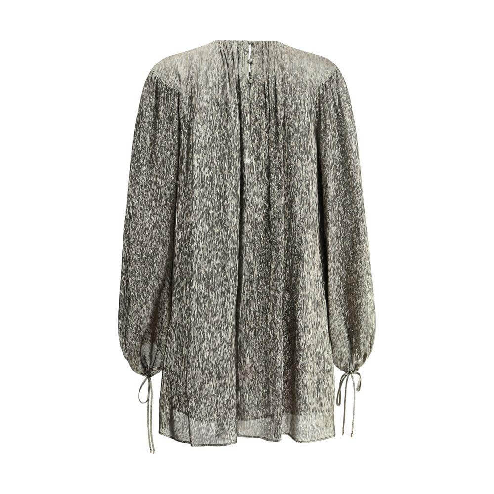 Chloé silk lamé mini dress with puff sleeves, adjustable ribbons, and back button closure, offering elegance and luminosity.