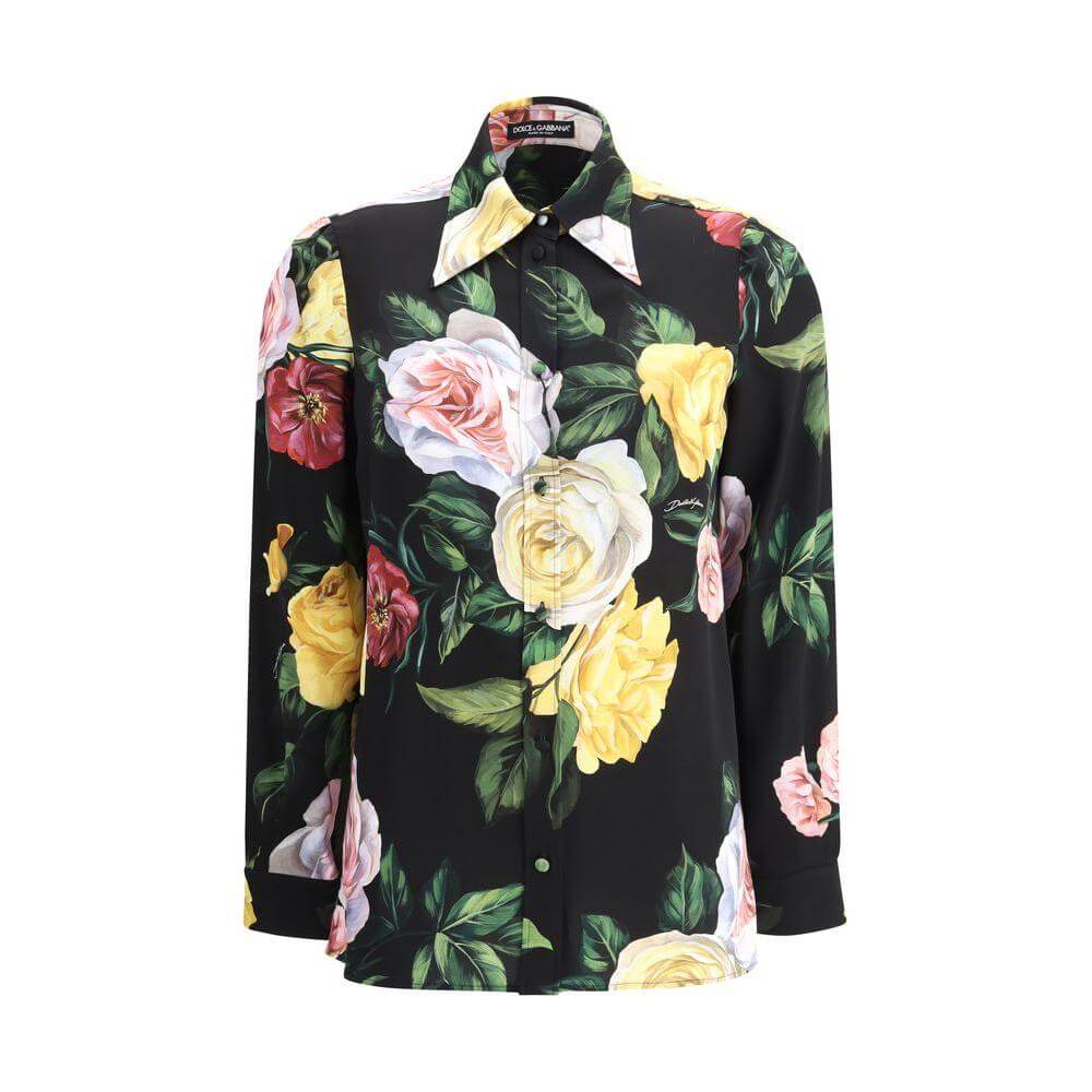 Dolce & Gabbana rose and peony print shirt with button closure and classic collar, featuring floral motifs in vibrant colors.