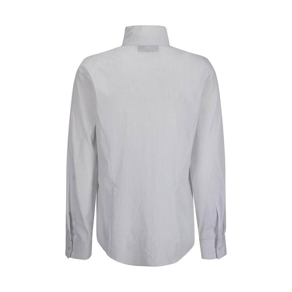 Back view of Fendi cotton shirt with v-neck and striped pattern, featuring a concealed front button closure and regular fit design.