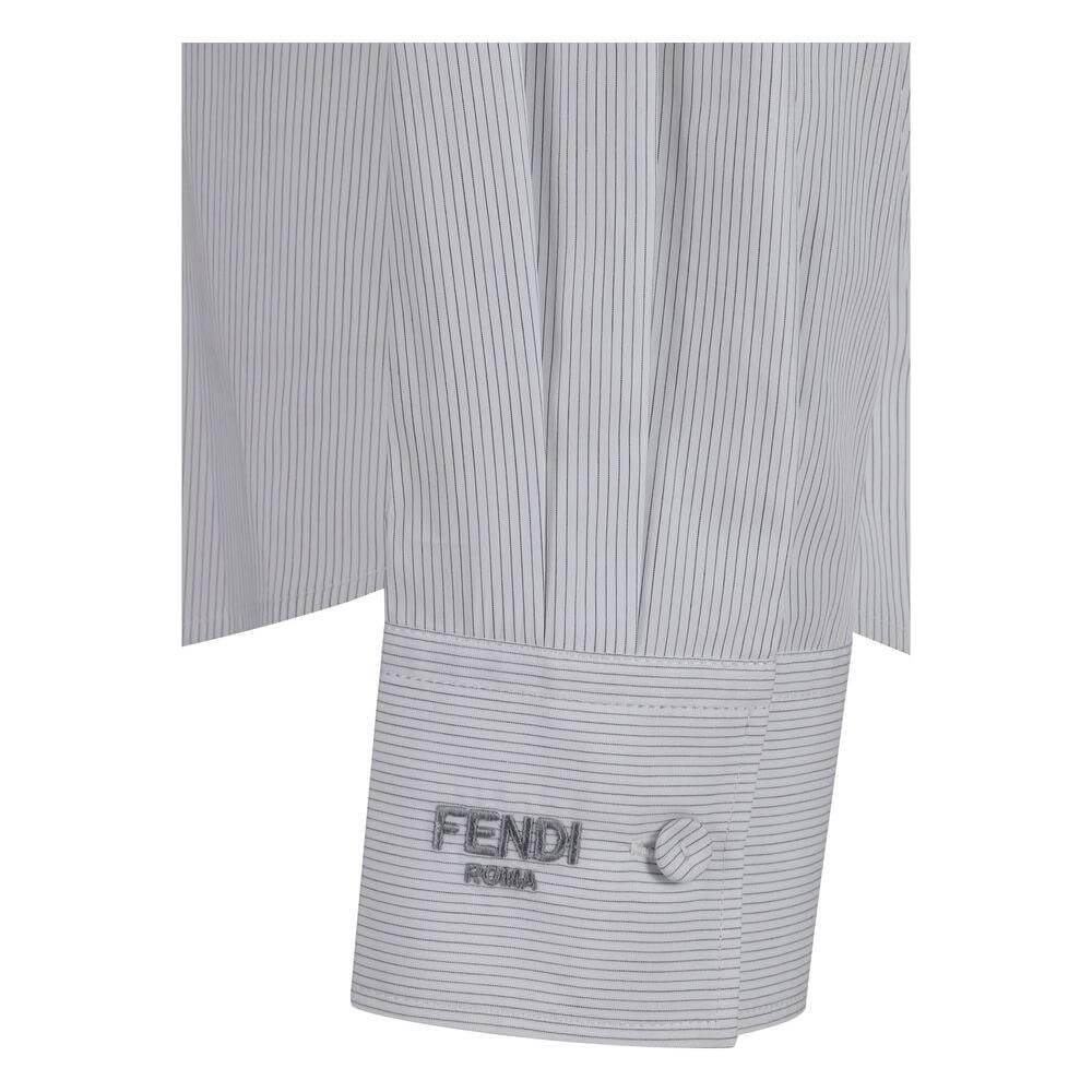 Fendi cotton shirt with v-neck, concealed front button closure, and striped pattern; regular fit with brand logo on the cuff.