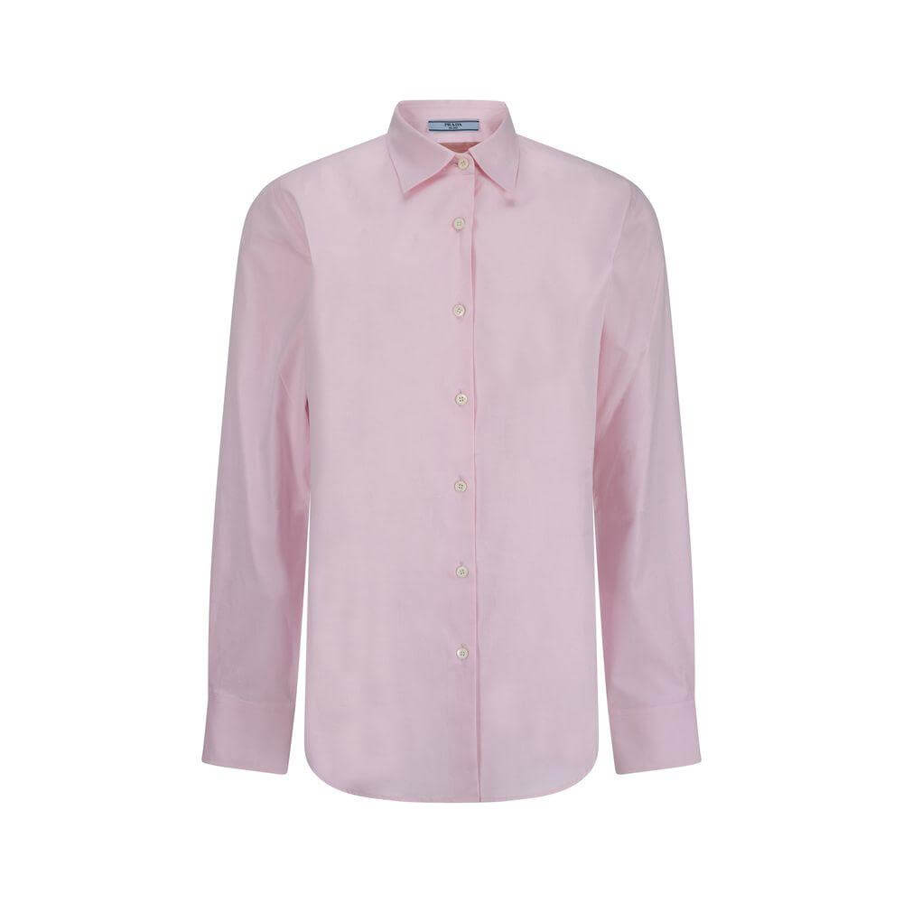 Prada cotton shirt with classic collar, button front, asymmetrical hem, and monochrome design, featuring adjustable cuffs and back strap.