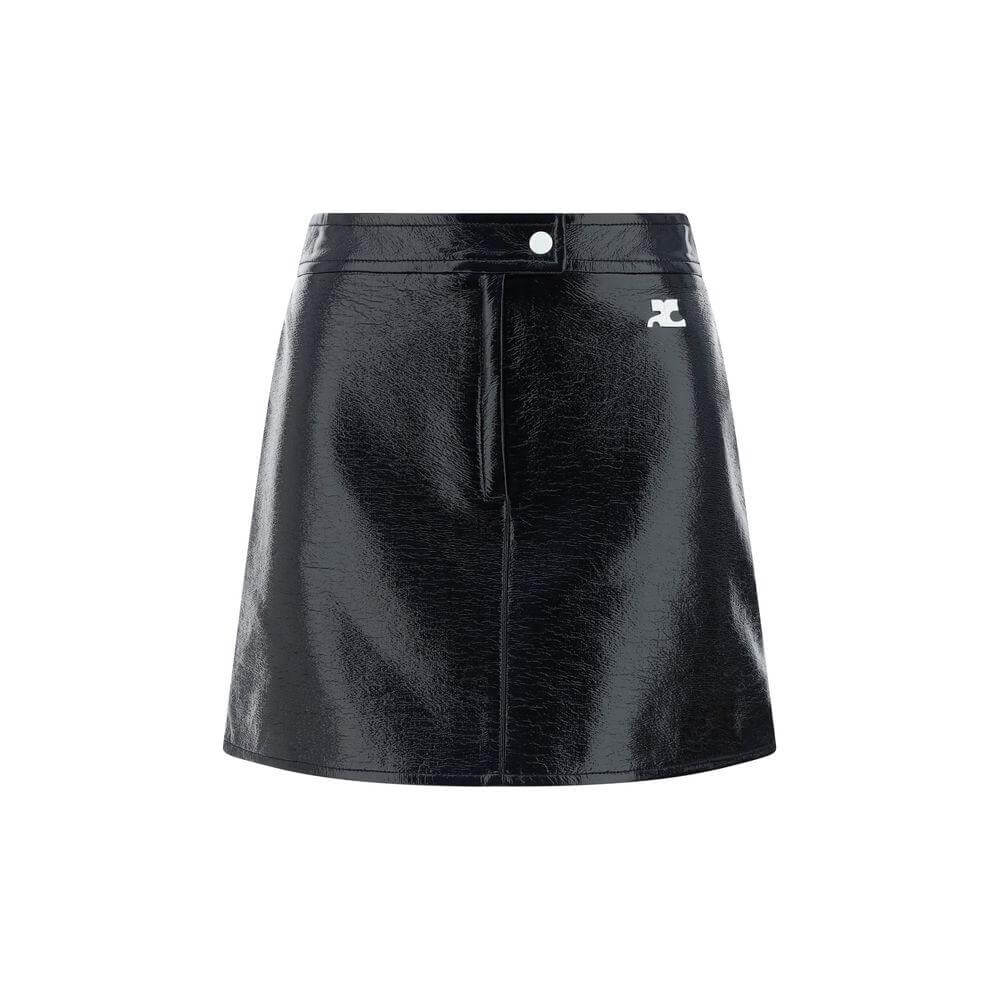 Courrèges cotton mini skirt with coated design, button closure, and logo applique on front panel.