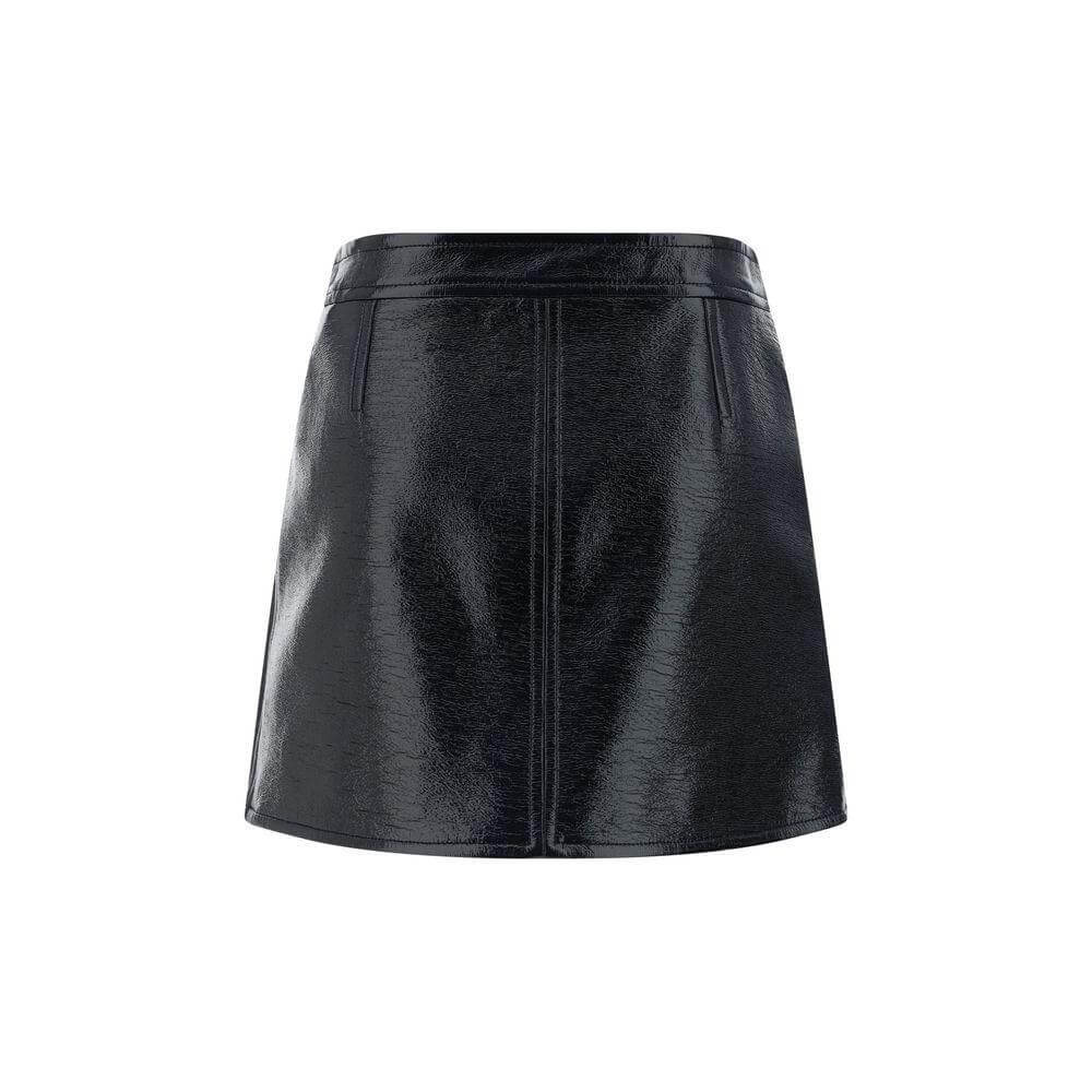 Courrèges coated cotton mini skirt with button and zipper closure, featuring iconic logo applique on front panel.