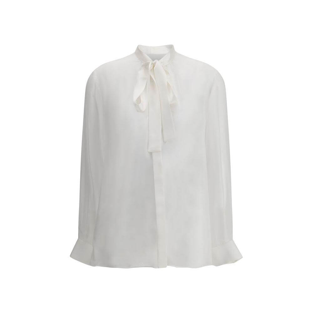 Dolce & Gabbana silk chiffon shirt with knotted bow scarf, semi-transparent design, elegant for special occasions, front button closure.