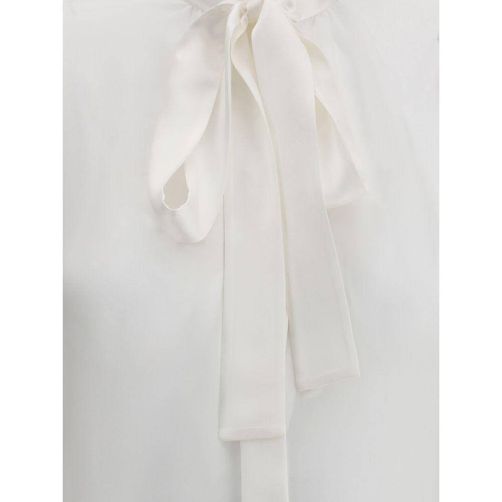 Dolce & Gabbana silk chiffon shirt with knotted bow scarf detail, showcasing elegant and sophisticated design.