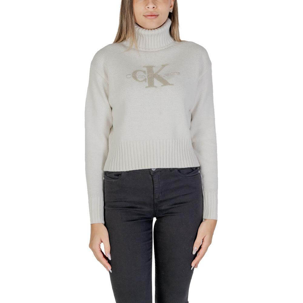 Calvin Klein Jeans cream cotton sweater, women's knitwear, fall/winter collection, featuring a CK logo, made of 60% cotton, 40% acrylic