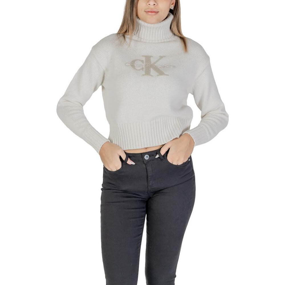 Calvin Klein Cream Cotton Sweater for Women - Fall/Winter Collection, 60% Cotton, 40% Acrylic Knitwear