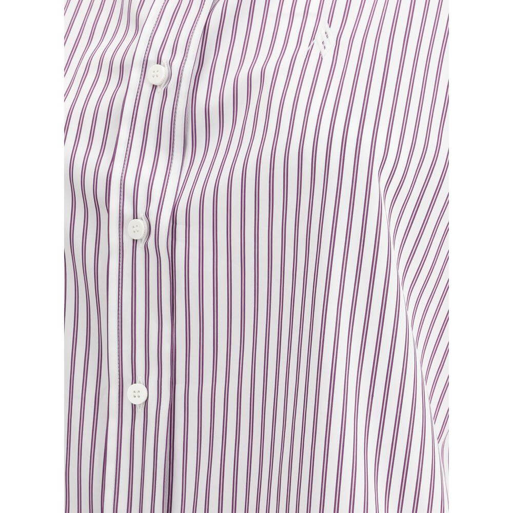 The Attico asymmetrical cotton shirt with purple stripes and button closure, featuring iconic embroidered logo and modern design.