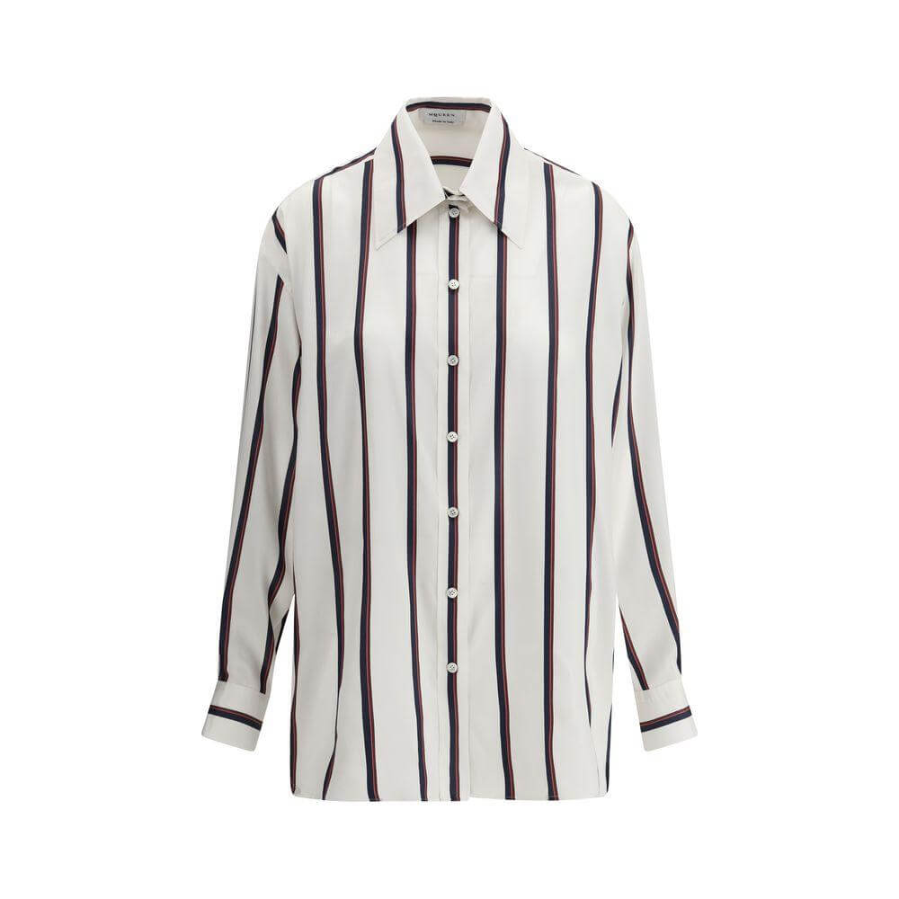 Alexander McQueen silk striped shirt with classic collar and button closure, offering luxurious elegance and modern style.