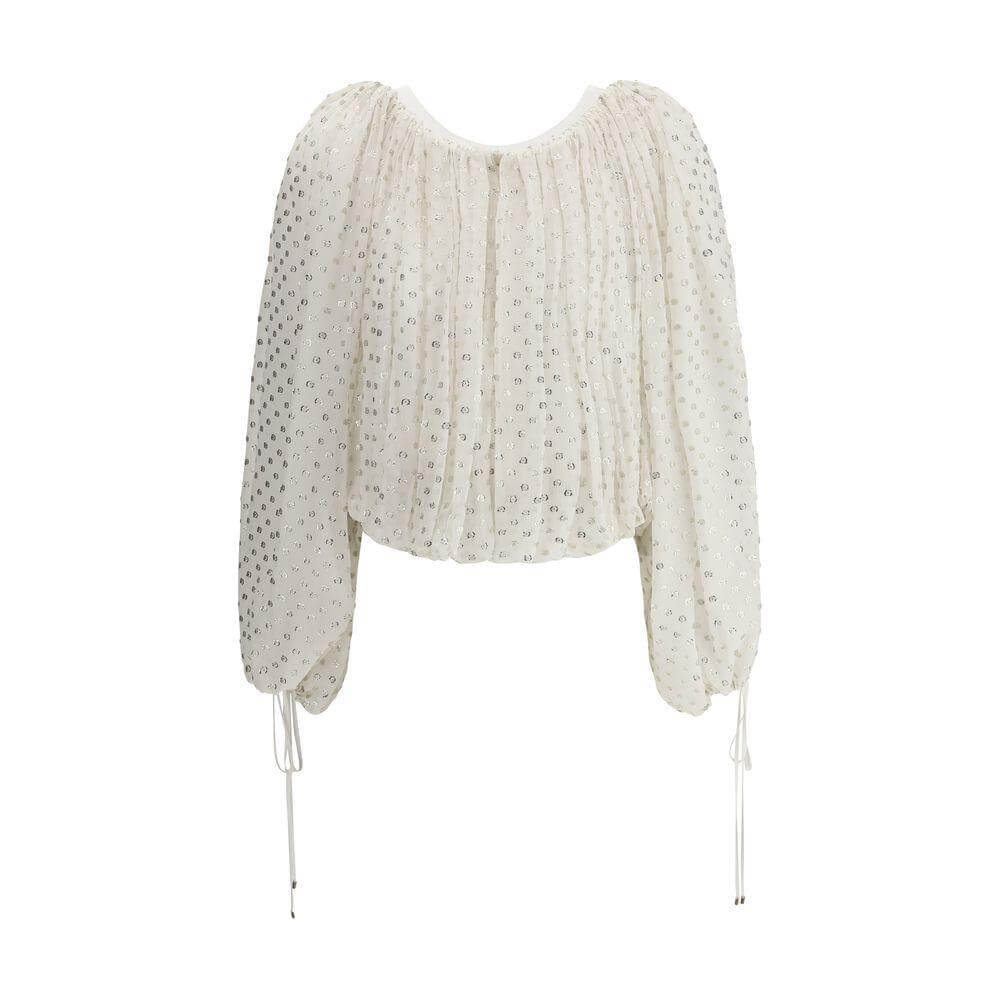 Chloé Off-Shoulder Shirt with Square Neckline, Balloon Sleeves, and Shimmering Polka Dot Embroidery, Perfect for Summer or Evening Wear