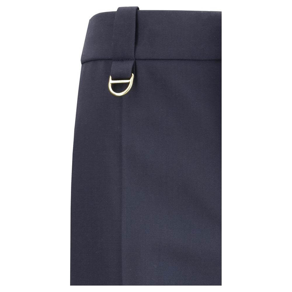 Close-up of Chloé virgin wool pants showing waistband loop and front zipper.