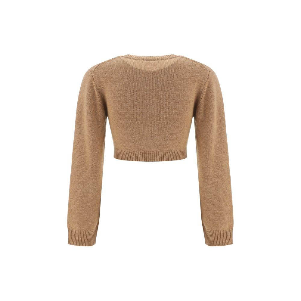 Back view of Chloé cashmere cropped cardigan, showcasing ribbed crew neck and monochrome design with ribbed cuffs and hem.