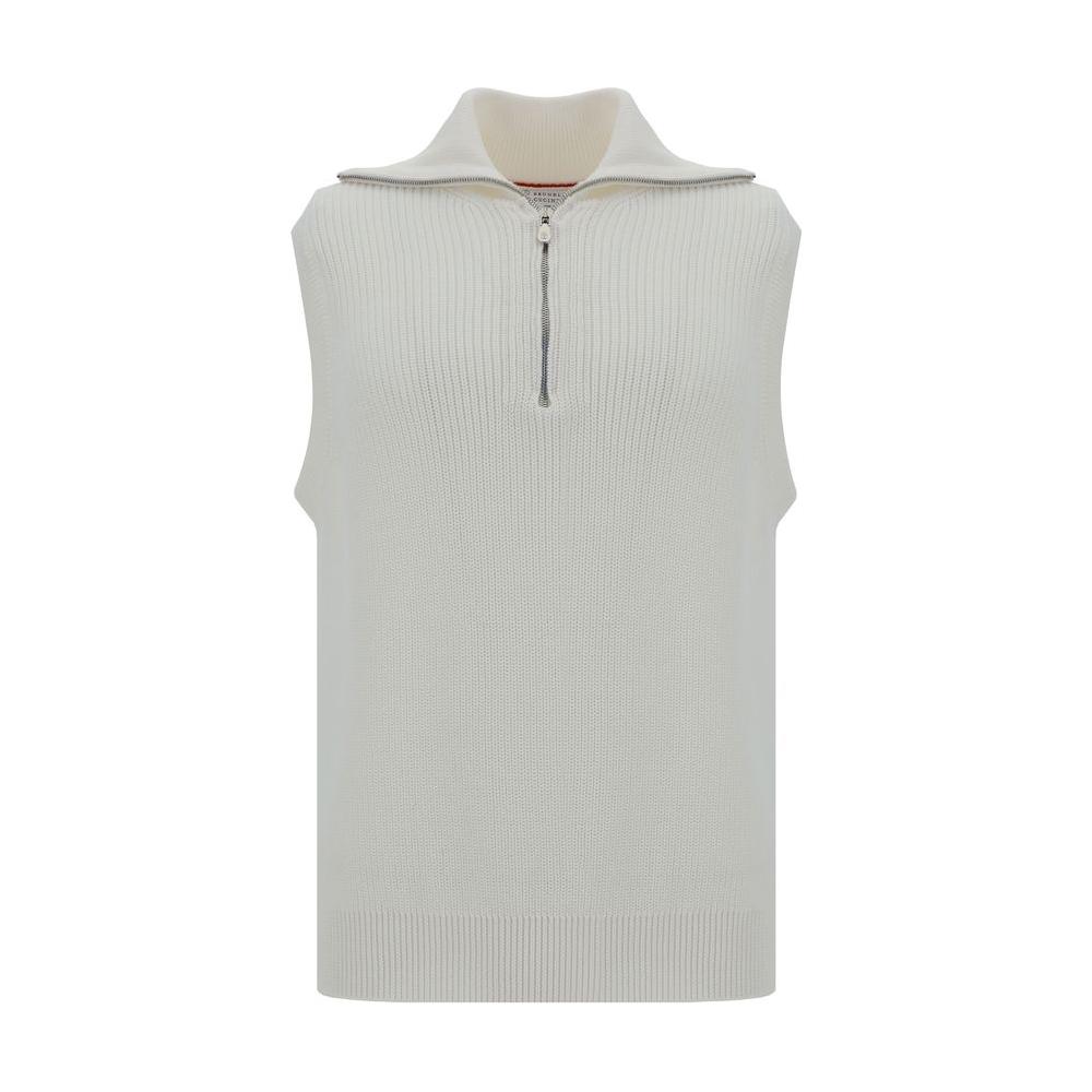 Brunello Cucinelli cotton vest with high collar, front zipper, and wide rib design. Fashionable and elegant for versatile styling.