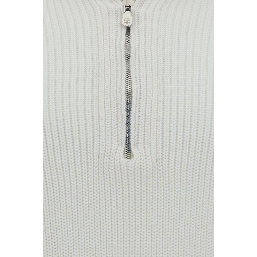 Brunello Cucinelli cotton vest with high collar, half-bust zipper, fine rib hem, and wide rib design.