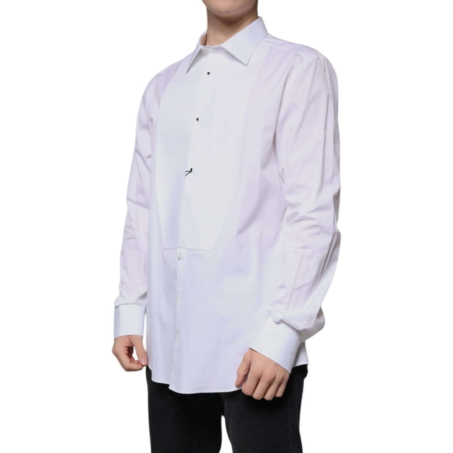 Dolce & Gabbana White Bib Cotton Poplin GOLD Formal Shirt Dolce & Gabbana Light Gray