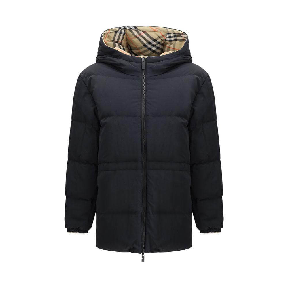 Burberry reversible down jacket with adjustable hood, double-slider front zipper, and zippered welt pockets shown in black.